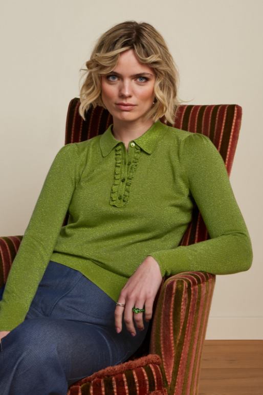 donne King Louie caprifoglio verde top polo con volant lapislazzuli abbigliamento 0L48468 donne King Louie caprifoglio verde top polo con volant lapislazzuli abbigliamento 0L48468